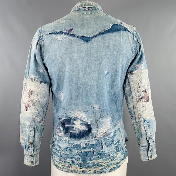 KAPITAL Size L Indigo Distressed Denim Snaps Long Sleeve Shirt - Picture 3 of 6